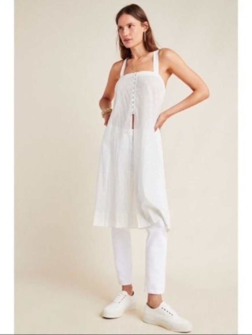 Anthropologie Gauzy Cotton Swiss Dot Tank Top Slits Sides Tunic Dress White NWT - Picture 4 of 9